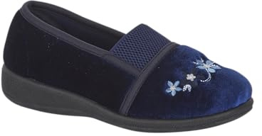 Jo & Joe WENDY – Wide Fit Comfort Slipper with Embroidered Detail, Soft Textile Upper, Cushioned Insole & Easy Gusset Entry 4-8 (Navy, 5 uk, UK Footwear Size System, Adult, Women, Numeric, Wide, 5)