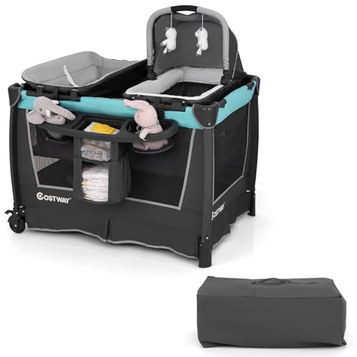 COSTWAY Lettino da Campeggio Pieghevole 5 in 1, Box Bambini con Culla Removibile, Fasciatoio, Materasso, Ripiano Portaoggetti, Ruote Bloccabili, per Bambini 0-36 Mesi (Verde, 103 x 74 x 73 cm)