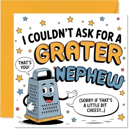Funny Birthday Card for Nephew - A Little Bit Cheesy, but Grate Fun - Playful Cheese Grater Character on Bold Yellow and Blue - 145mm Square, Envelope Included