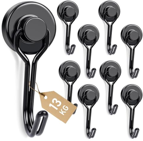 NogmeTaa 9 ganchos magnéticos extra fuertes de 20 mm, 14 kg de fuerza de sujeción con imanes de neodimio para garaje, taller y taquilla, ganchos negros giratorios e inoxidables