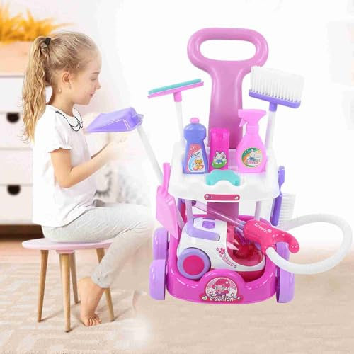 HUSHUI Juego de Limpieza del Hogar para Niños, Juego Educativo de Simulación con Carrito y Accesorios en Plástico ABS Seguro (Rosa)