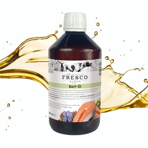FRESCO Dog Premium Barf Öl für Hunde 250ml | Mix aus Hanföl, Lachsöl & Leinöl mit Omega 3 & 6 | Barföl hochdosiert & reich an Vitamin D & E | Abgefüllt in Deutschland