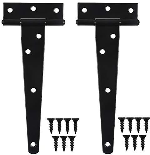 HQdeal 2 Pcs 150mm Charnières en T laquées Noires, Charnière en T Robuste, Charnières de Portes en Bois, Métalliques Fer Antirouille Charnières de Porte avec 14 Vis pour Portes de Grange (6 pouces)
