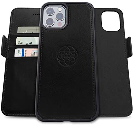 Dreem Fibonacci 2-i-1 plånboksfodral för Apple iPhone 12 & 12 Pro - Högkvalitativt veganskt läder, magnetiskt, avtagbart och stötsäkert mobilfodral, RFID-betalkortsskydd, 2 stativlägen- Svart