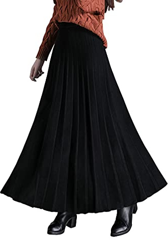 RIZ-ZOAWD Jupe Longue Femme Élégant Tricotée Taille Haute Maxi Skirt Hiver Chaud Vintage Taille élastique A-Ligne Jupe plissée M