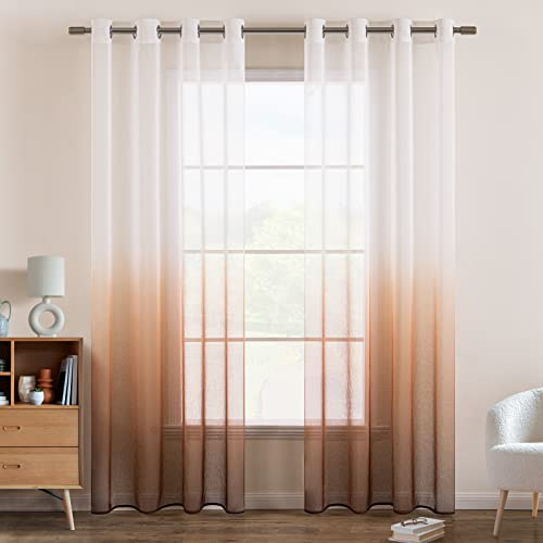 EMEMA Cortinas Translúcida Gradiente Visillo Suave Poliéster para Ventanas Balcon Color Gasa Moderna Habitación Dormitorio Balcon Salón 2 Piezas 140X245cm Marrón