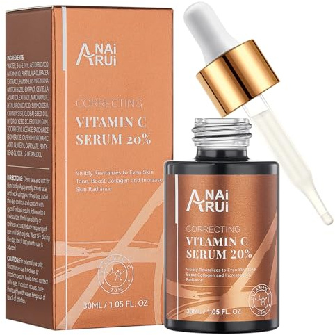 ANAiRUi Vitamin C Serum 20% for Face with Hyaluronic Acid, Vitamin E, Jojoba Oil - Hydrating, Plumping and Brightening Skin, Reducing Fine Lines, Wrinkles and Dark Spots, Anti Aging, 30ml