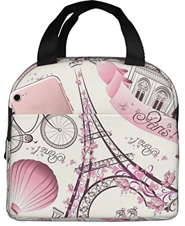 XVBCDFG Bolsa de almuerzo con flores de la Torre de París para oficina al aire libre, papel de aluminio portátil, aislamiento grueso y bolsa Bento para mante