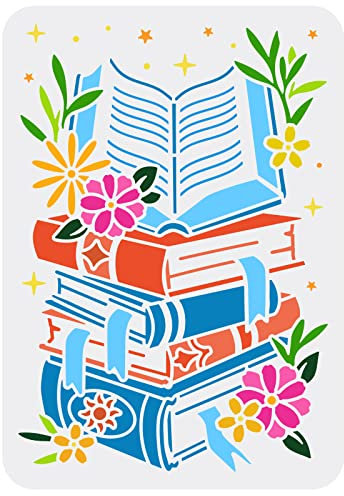 FINGERINSPIRE Buchschablone Zum Malen 21x29.7 cm Gestapelte Bücher Malvorlage Wiederverwendbare Buch Und Blumenmuster Malschablone Ausgehöhlte Schablone Zum Malen Auf Scrapbook Wandholz