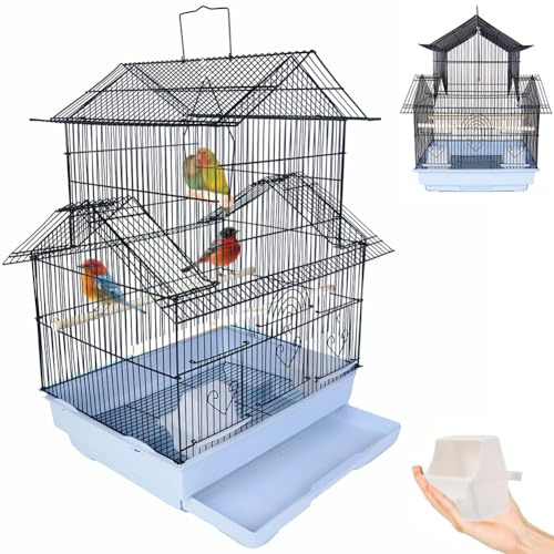 BAKAJI Cage de volière pour Oiseaux en Forme de Maison, perroquets inséparables, perruches, Oiseaux avec Chariot Coulissant en métal et balançoires en Bois, Cage Maison avec perchoirs et mangeoires