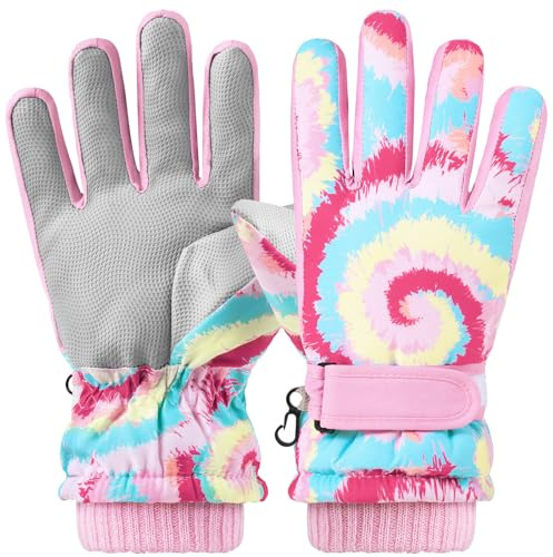 WAWSAM Kids Ski Gloves Waterproof Winter Snow Gloves Snowboarding Gloves Non Slip Windproof Sport Mittens for Boys Girls Youth Sledding Riding Driving Hiking (Dye-Tie, 6-10 Years)