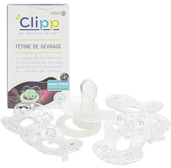CLIPP Kit - Tétine de Sevrage Phosphorescente + 5 Collerettes pour Arrêt Progressif + Notice - Sevrage par Paliers, Facile et en Douceur - Dispositif Breveté - Fabriqué en France - À Partir de 2 Ans