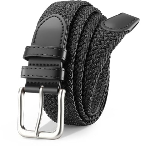 VONMELLI Mens Belt Elastic Belts for Men Stretch Braided Fabric Belts Casual Black Woven Golf Belt for Jeans Black S