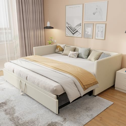 2-sits bäddsoffa, med ribbotten, stretch, vikbar, liggfunktion, 2-i-1 konvertibel soffa i modern sammet, för sovrum vardagsrum, 90/180 x 200 cm (beige)