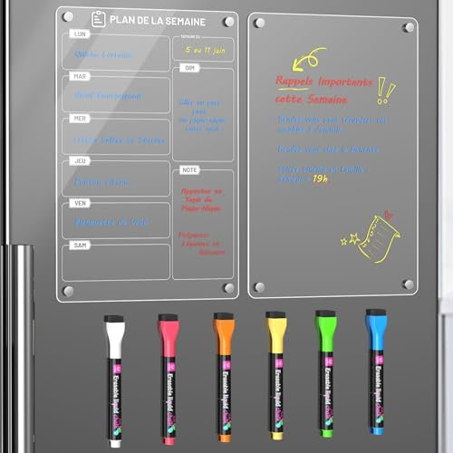 Langaelex Lot de 2 Tableaux Magnétiques Frigo (1 Imprimer Planning Semaine + 1 Vierge Transparent) - 30x20 cm - Avec Marqueur à Craie Liquide 6 Couleurs