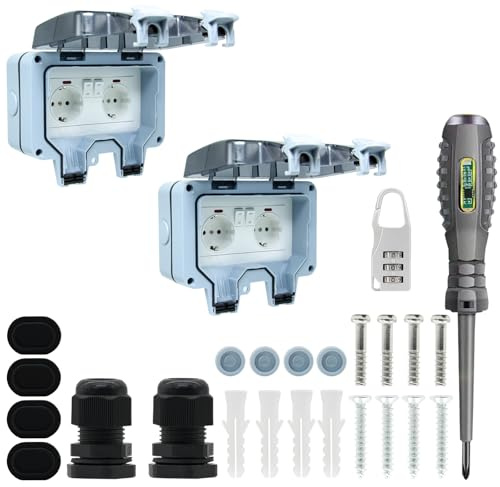 2 prese esterne impermeabili IP66, 1 presa con interruttore, spia di controllo, presa da parete per ambienti umidi, contatto di protezione, presa da giardino, antipolvere, resistente alle intemperie