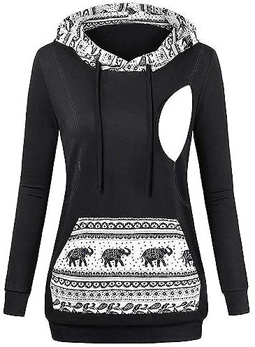 Duohropke Pull à capuche pour femmes enceintes - Manches longues - Pull à capuche pour l'allaitement - Automne - Hiver - Pull d'allaitement avec poches - Pull d'allaitement avec capuche - Vêtements de