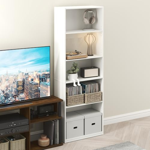 Furinno GEHRY Étagère DVD, Porte-CD 5 Niveaux, Étagère Multimédia avec Étagères Réglables, Meuble De Rangement DVD pour CD et Disques De Jeu Blu-Ray, Montage Facile, Blanc