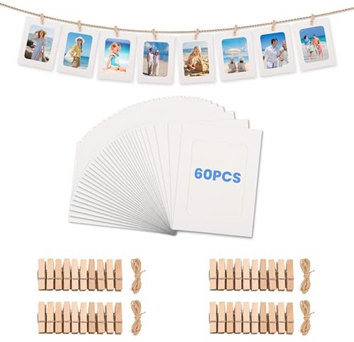 XIANJIA Cuerda para Fotos Set Incluye Marcos 60 Pcs Papel Blancos y Cuerda para Fotos, Soporte para Colgar Fotos para Cumpleaños, Bodas, Fiestas y Aniversarios
