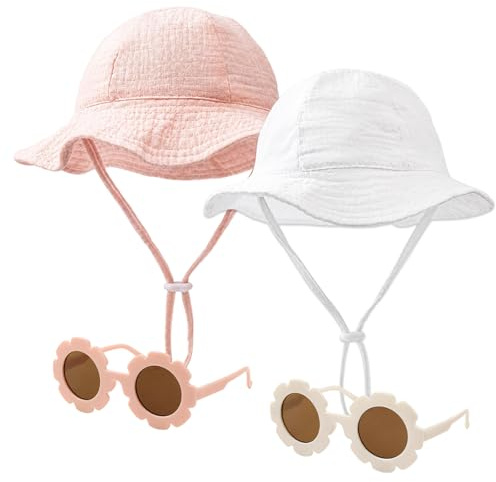 Wtoawgt 4 Pcs Baby Sun Hat, Newborn Soft Cotton Bucket Hats with Baby Sunglasses, Adjustable Toddler Sun Hat Boy Girls for 0-6 Year Toddler Kids (White, Pink)