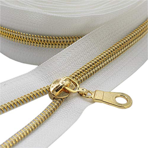 YaHoGa Dorati Metallici Nylon Cerniere Lampo 9 m Rolle Chiusure Lampo a Metro, 30 mm Largo, inkluso 25 Nonlock-Cursore della Cerniera (Dorati Bianco)