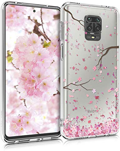 kwmobile Carcasa Compatible con Xiaomi Redmi Note 9S / 9 Pro / 9 Pro MAX - Funda Silicona TPU Flores Cerezo cayendo Rosado Suave/marrón Oscuro/Transparente