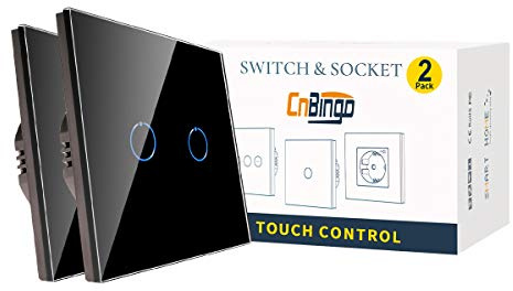 2 Pack CNBINGO 2-Way Touch Light Switch with Black Glass Wall Plate | Double Switch witch LED Backlight, No Neutral Wire Required, 1-Gang AC 230V 800W