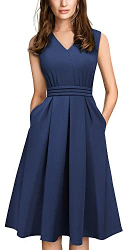 HOMEYEE Damen Vintage 50er Ärmellos Cocktail Retro mit Pocket Flared Kleid A196 (S, Dunkelblau)