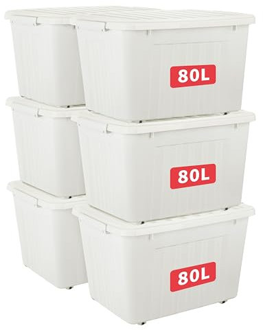 Cetomo 80L*6 Aufbewahrungsboxen mit Deckeln, Kunststoff-Aufbewahrungsbox mit Rollen und Clips, Kunststoffbox für Zuhause und Büro, BPA-frei, Nestbar, Stapelbar, Weiß, 80L-6er Pack