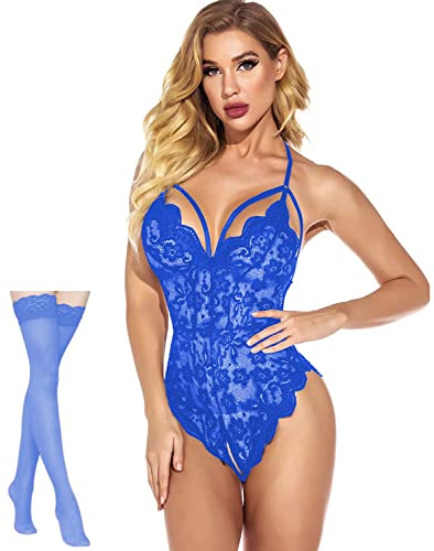 Rayson Lingerie Set Pizzo Donna Babydoll Camicia da Notte Trasparente Intima da Notte Scollo a V Pizzo Aperto Lingerie e Lace Calze Hollow Halter Sleepwear(Blu)