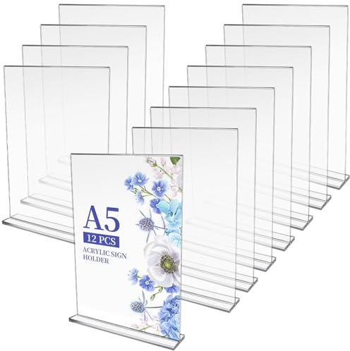 CCCYMM 12 Pcs A5 Acrylic Sign Holder Clear Display Stand Photo Sign Double Sided Vertical Flyer Menu Brochure Transparent Flyer Holder for Office Desktop Restaurant, 6 x 8 Inch (Vertical)