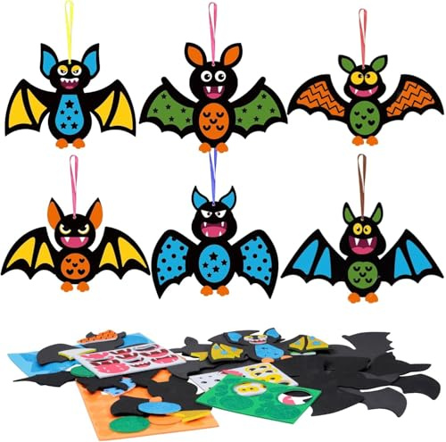 Lot de 6 kits de bricolage pour enfants - Kit créatif d'Halloween pour le bricolage - Avec autocollants en feutre - Autocollants pour enfants - Cadeau d'anniversaire d'enfant (chauve-souris)