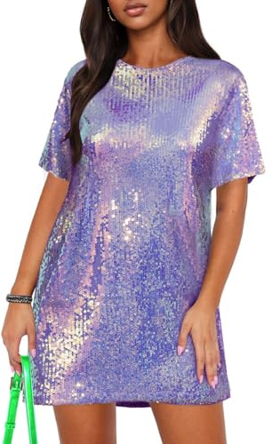 Women Sequin Sexy Crewneck Shift Dress Sparkly Glitter Short Sleeve Loose Party Night Out Club Dress Purple Large