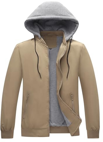 KUDORO Blouson Homme Léger pour Printemps Été avec Capuche Amovible Zippée Veste d'Extérieur Casual Bomber Coupe-Vent de l'Aviateur Classique(Kaki,XXL)