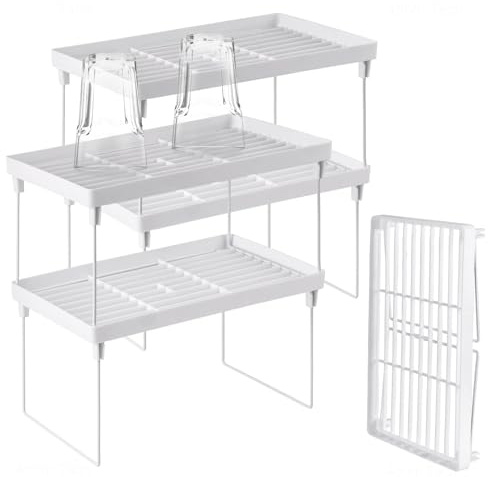 Eidoct 4-Pack Stackable Kitchen Storage Shelves - White Foldable Organizer Rack for Cabinet, Pantry & Counter | Expandable Shelf Organizer for Spices & Food (Multi-Purpose)