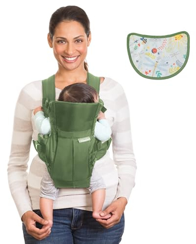 Infantino Swift Classic Babytrage, 2 Tragepositionen mit Wonder Cover Lätzchen, verstellbare Gurte, Must-have für die Erstausstattung, Babytrage für Neugeborene bis Kleinkinder 3,18–11,79 kg, Oliv