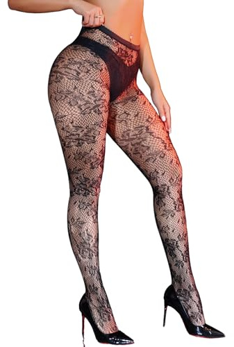 sunshinelady Patterned Tights for Women Mesh Plus Size Fishnet Funky Tights High Waist Sheer Pantyhose Balck Fish Net Stockings Elasticity Waistband with Widened Sexy Outfit L-XXL
