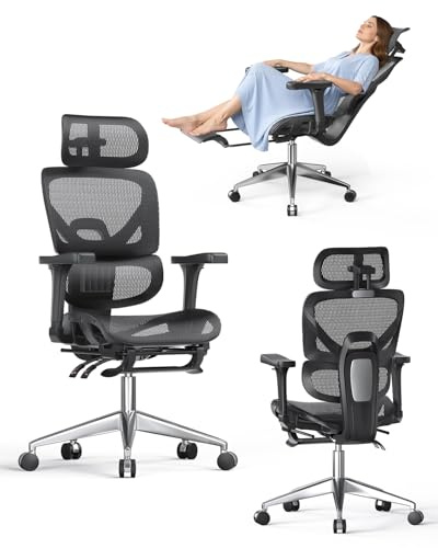 naspaluro Ergonomic Office Chair, High Back Mesh Desk Chair, 350lbs Capacity, Lumbar Support, 3D Armrest Headrest, Footrest, PU Wheels, Swivel Computer Chair for Home Office, Work & Gaming