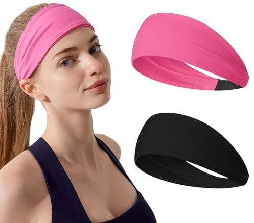 QEBSJSKL Women’s Sweat Wicking Sports Headband 2-Pack | Pink & Black,Non-Slip,Elastic,Breathable for Running Gym Yoga Fitness, Moisture Wicking, Women’s Hair Accessories