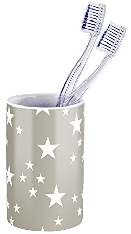 WENKO Zahnputzbecher Stella Taupe - Zahnbürstenhalter für Zahnbürste und Zahnpasta, Keramik, 6.5 x 11 x 6.5 cm, Taupe