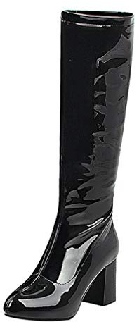 Birdsight Boots Longue Mi-Mollet Botte Genou Femme Vernis Talon Bloc Carrés Haut Zip Chaussures Eclair Chaud Winter Bootie Chunky Heels(Noir，38