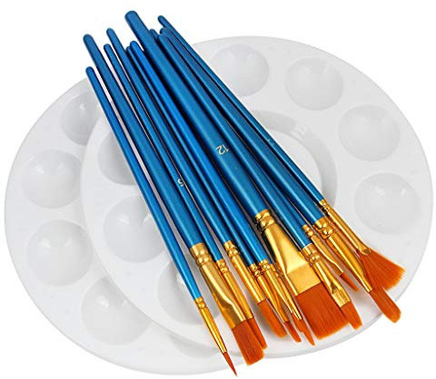 HTHL 14 PCS Set Paint Brushes,12 Pcs Artist Paint Brushes Set Include 2 Pcs 6.7 Inch Paint Palettes for Acrylic Painting Oil Painting Watercolor Painting Gouache Painting Face Painting (Blue)