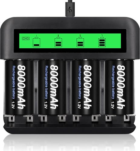 CITYORK 4 Pack 10000mAh Rechargeable D Batteries with Charger, 8 Bay LCD Universal Battery Charger for 1.2V AA AAA C D Ni-MH/Ni-CD Rechargeable Batteries, USB Quick Charge