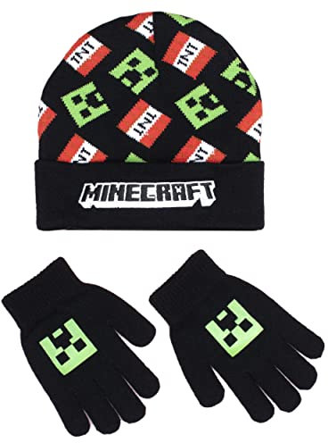 Minecraft - Set aus Mütze & Handschuhen, Alter 6-12 - Winter Accessoires für kaltes Wetter - Gestrickte Handschuhe für Kinder - Offizielle Merchandise - Ideal Fans