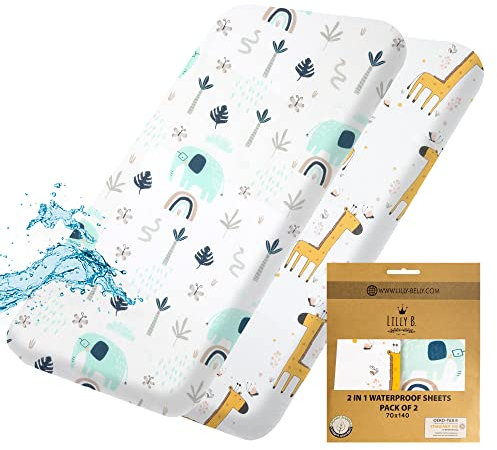 Spannbettlaken 70x140, Spannleintuch, Bio-Baumwolle GOTS 2in1-Pack mit 2 Wasserdichten Bettlaken ausgestattet, Verwendet anstelle von Matratzenschoner, Wasserdicht, kompatibel mit Allen Beistellbetten