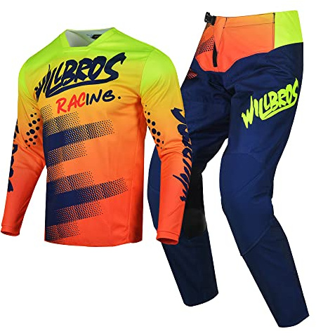 Willbros Pantalones de Camiseta de Motocross Traje Hombres Mujeres Protective Juego de Engranajes MX Bicicleta Sucia Fuera del Camino Montando Adulta Naranja Azul (Jersey XL Pants 36)