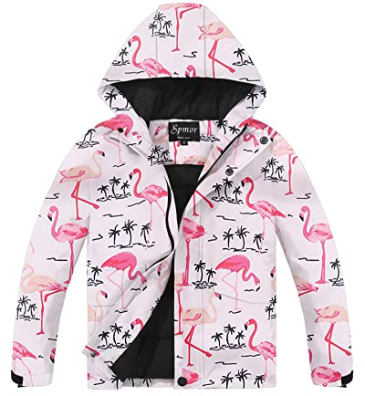 Spmor Boys Girls Waterproof Ski Jacket Hooded Snowboard Coat Windproof Winter Snow Outwear Pink Bird Large