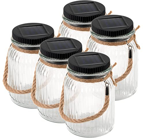 Solarglas 5er Set mit je 3 LED Solar warmweiß mit Aufhänger Glas Gartenbeleuchtung Ø 11cm, Höhe 15,5 cm Party Garten Licht für Außen mit Solarpanel Sonnen Energie Beleuchtung