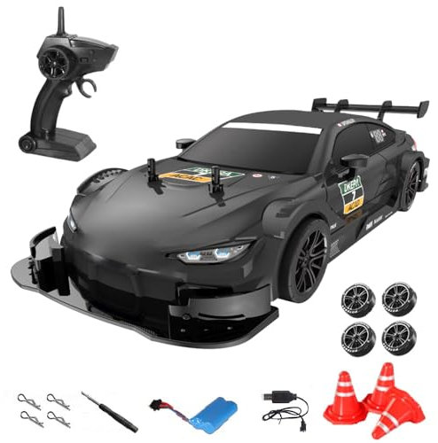 Goolsky Ferngesteuertes Auto 40KM/H Drift Auto 1/16 4WD 2,4GHz Stufenlos Variable Geschwindigkeit RC Auto Scheinwerfer Austauschbare Drift- und Rennreifen Kindergeschenk für Kinder Erwachsene Schwarz