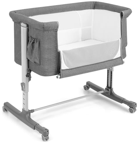 GYMAX 3-in-1 Baby Beside Crib, Height & Angle Adjustable Side Bassinet with Lockable Wheels and Carry Bag, Mesh Window Toddlers Bassinet Bed Playpen Nursery Center for Newborn (Light Grey)